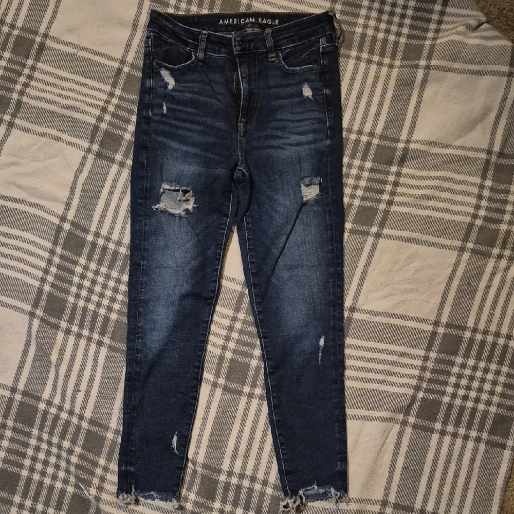 American Eagle Outfitters Women's Dark Blue Distressed Skinny Jeans